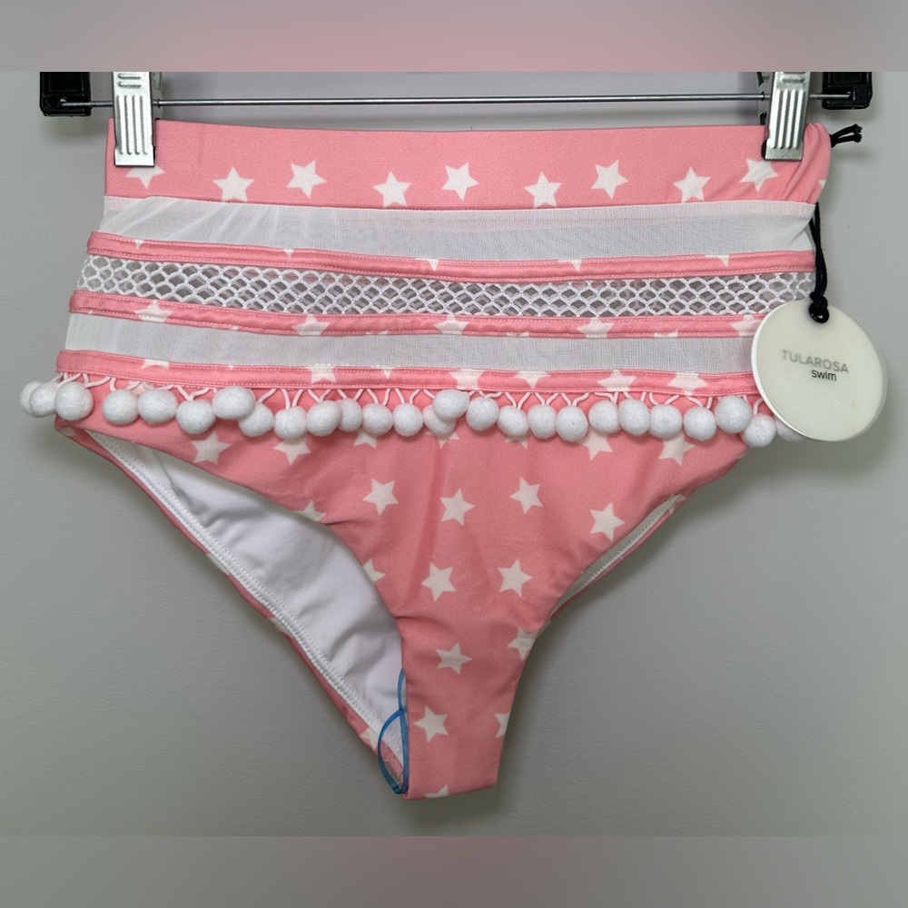 NWT Tularosa Revolve Pink White Star Pom Pom Bikini Bottom Mesh Stripe Swim XS - Picture 1 of 5